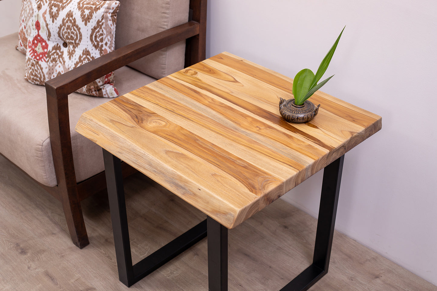 24x24" Teak Live Edge Square Leg Side Table, Brushed-Textured Natural Finish
