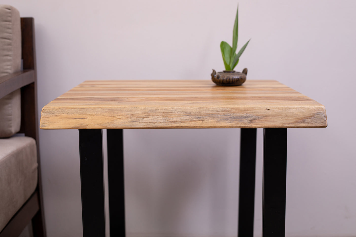 24x24" Teak Live Edge Square Leg Side Table, Brushed-Textured Natural Finish
