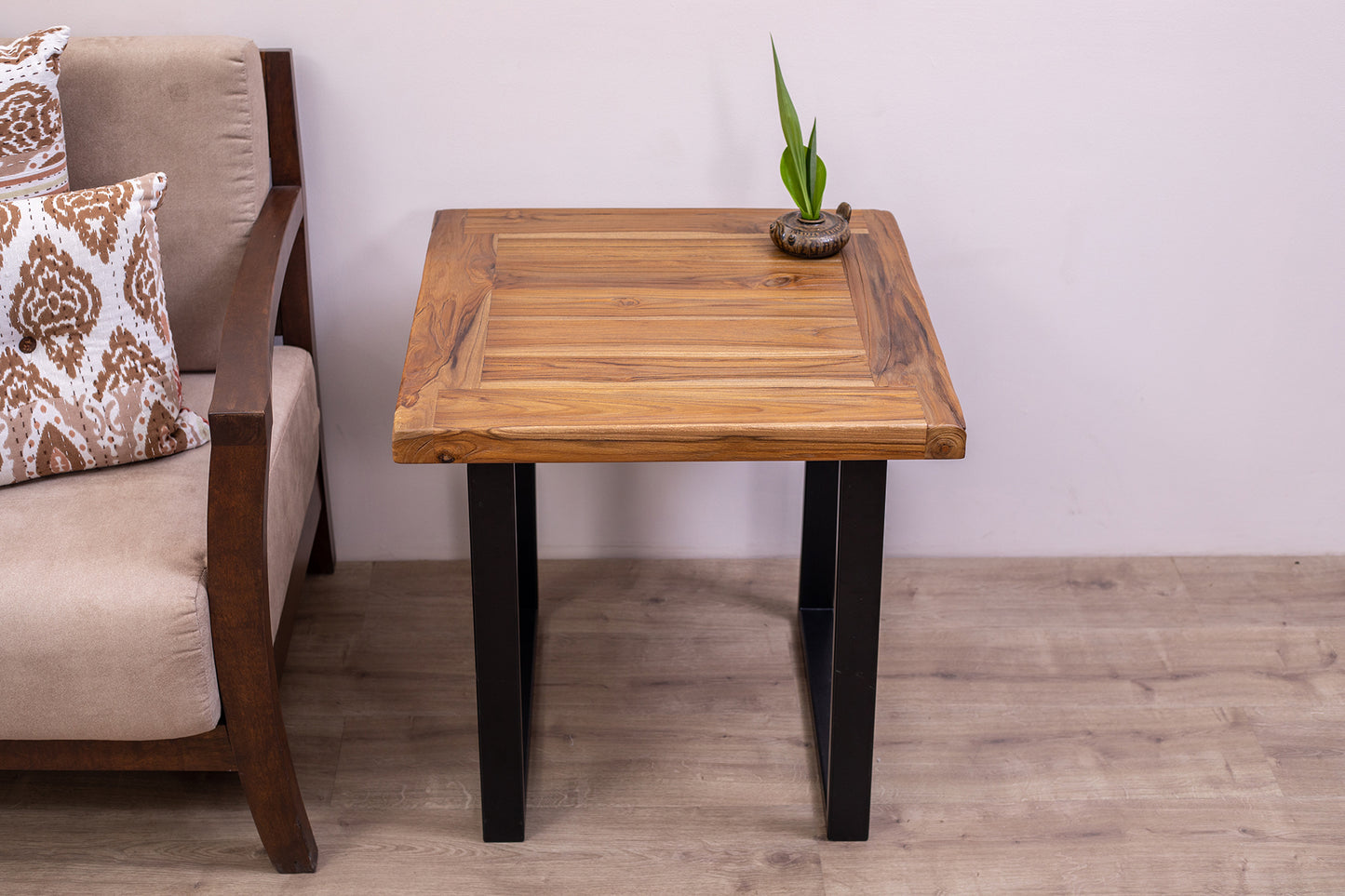 24x24" Teak Mission Edge Square Leg Side Table, Brushed-Textured Natural Finish