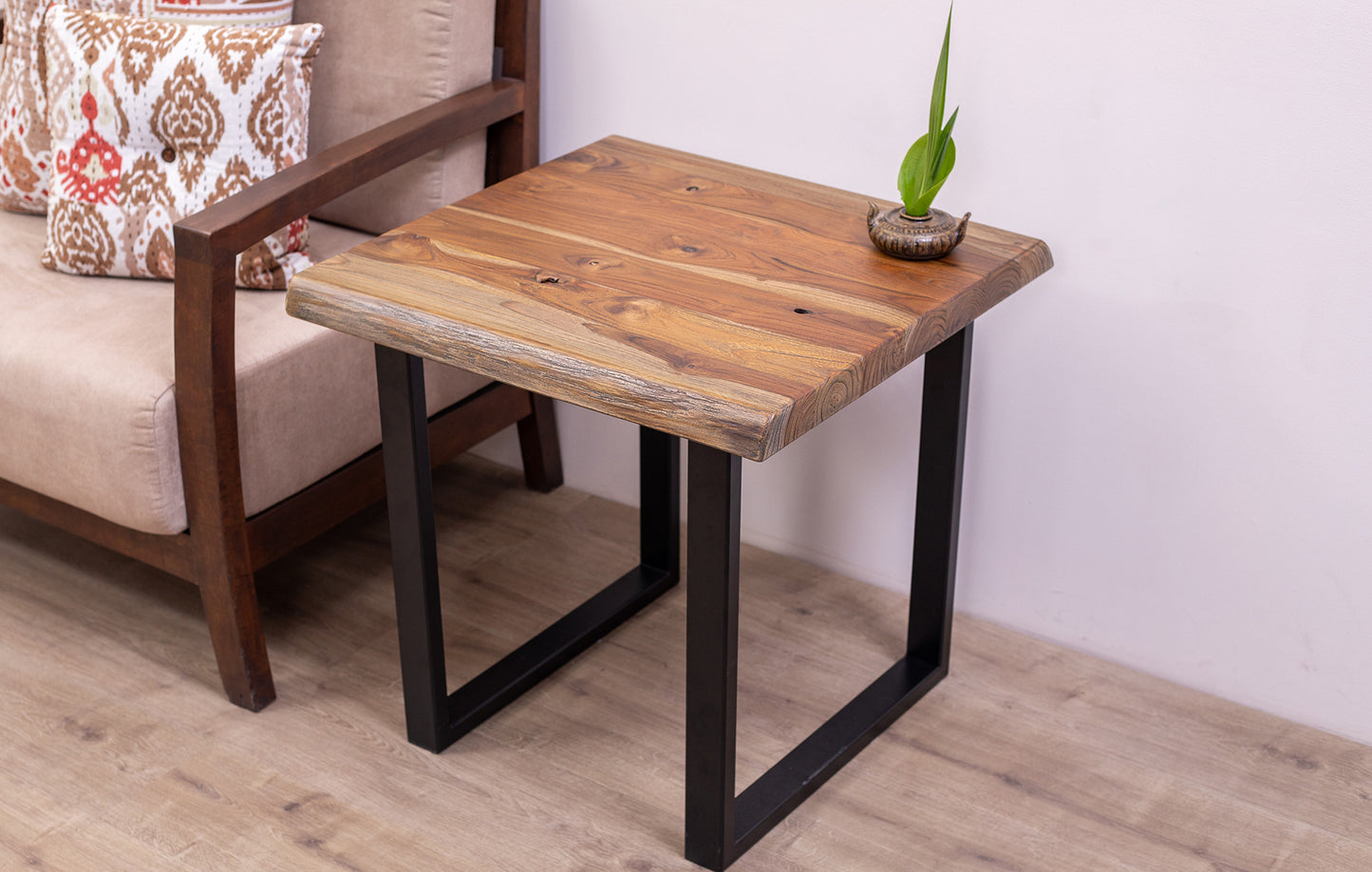 24x24" Teak Live Edge Square Leg Side Table, Organic-Textured Autumn Finish