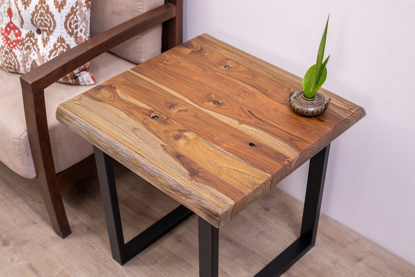 24x24" Teak Live Edge Square Leg Side Table, Organic-Textured Autumn Finish