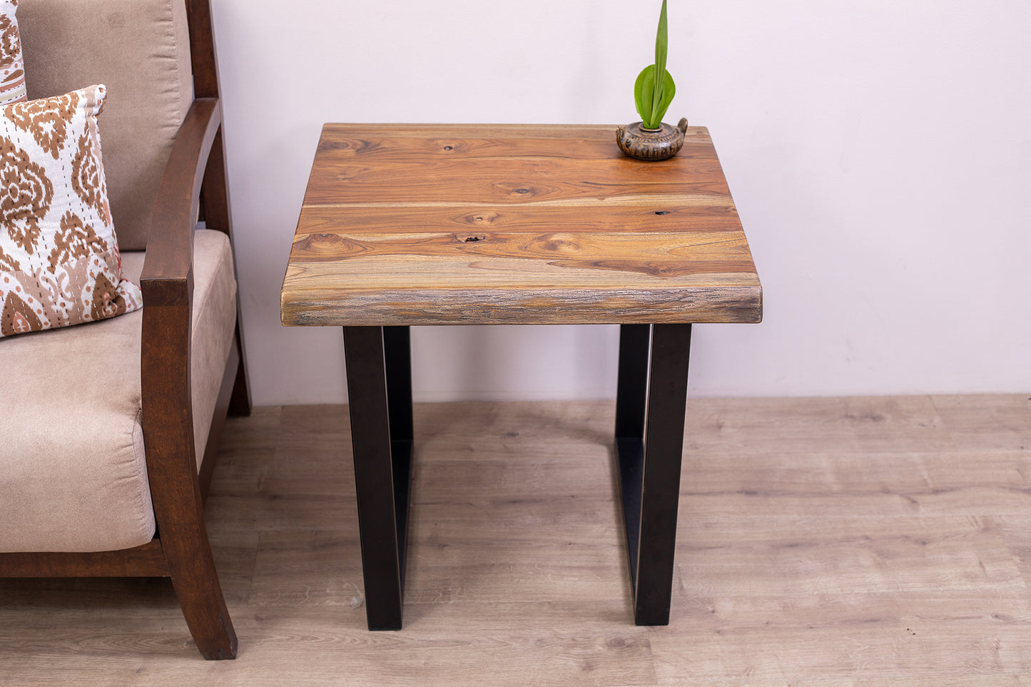 24x24" Teak Live Edge Square Leg Side Table, Organic-Textured Autumn Finish