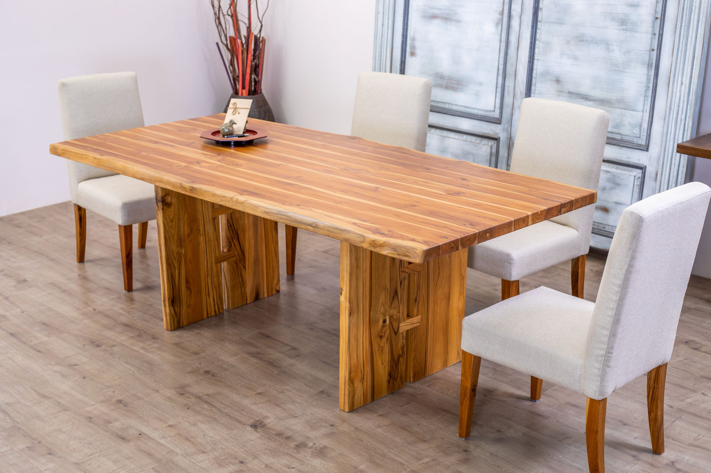 Teak Dining Table Live Edge 96x40" Brushed-textured, Natural Finish