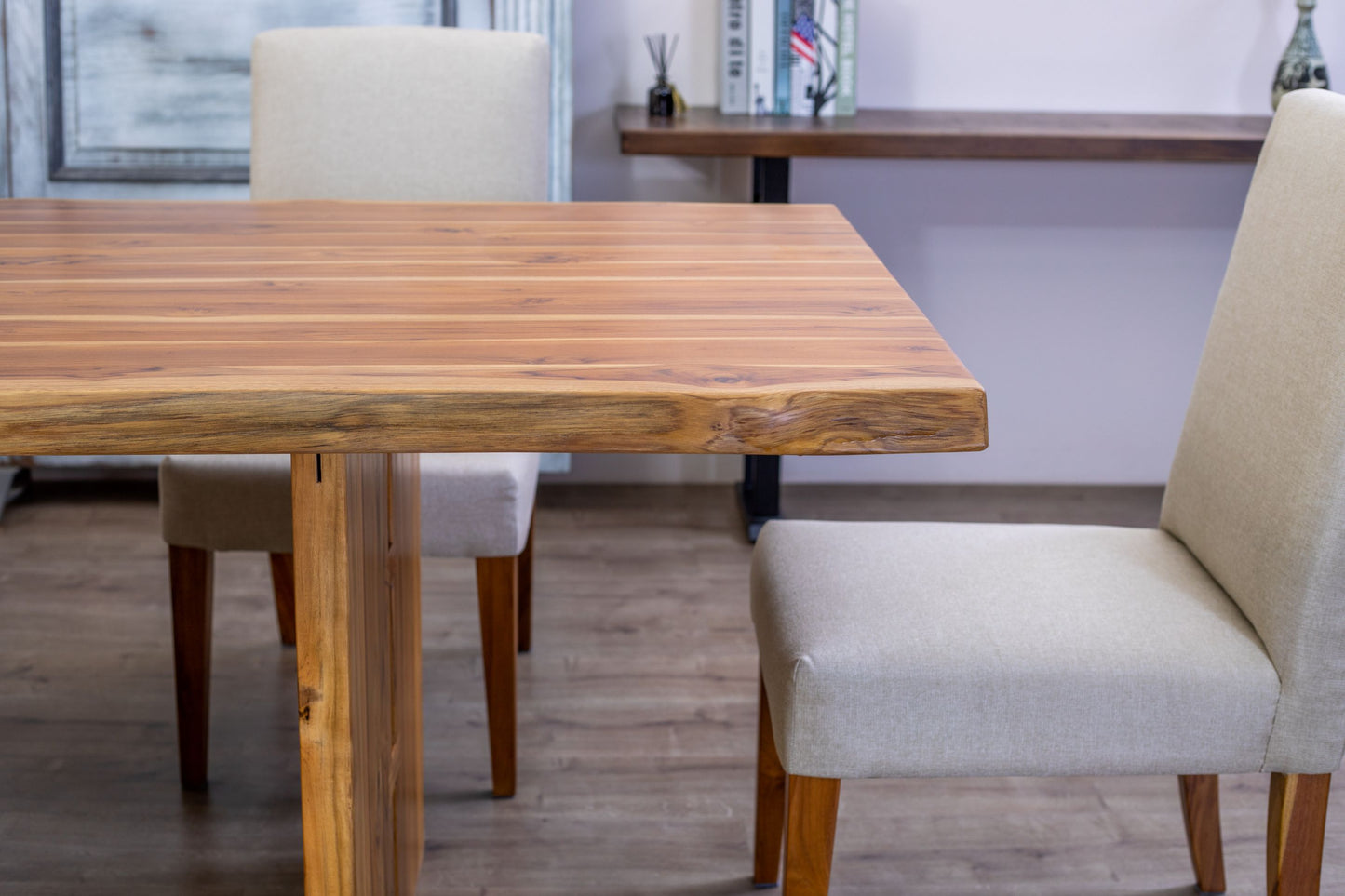 Teak Dining Table Live Edge 96x40" Brushed-textured, Natural Finish