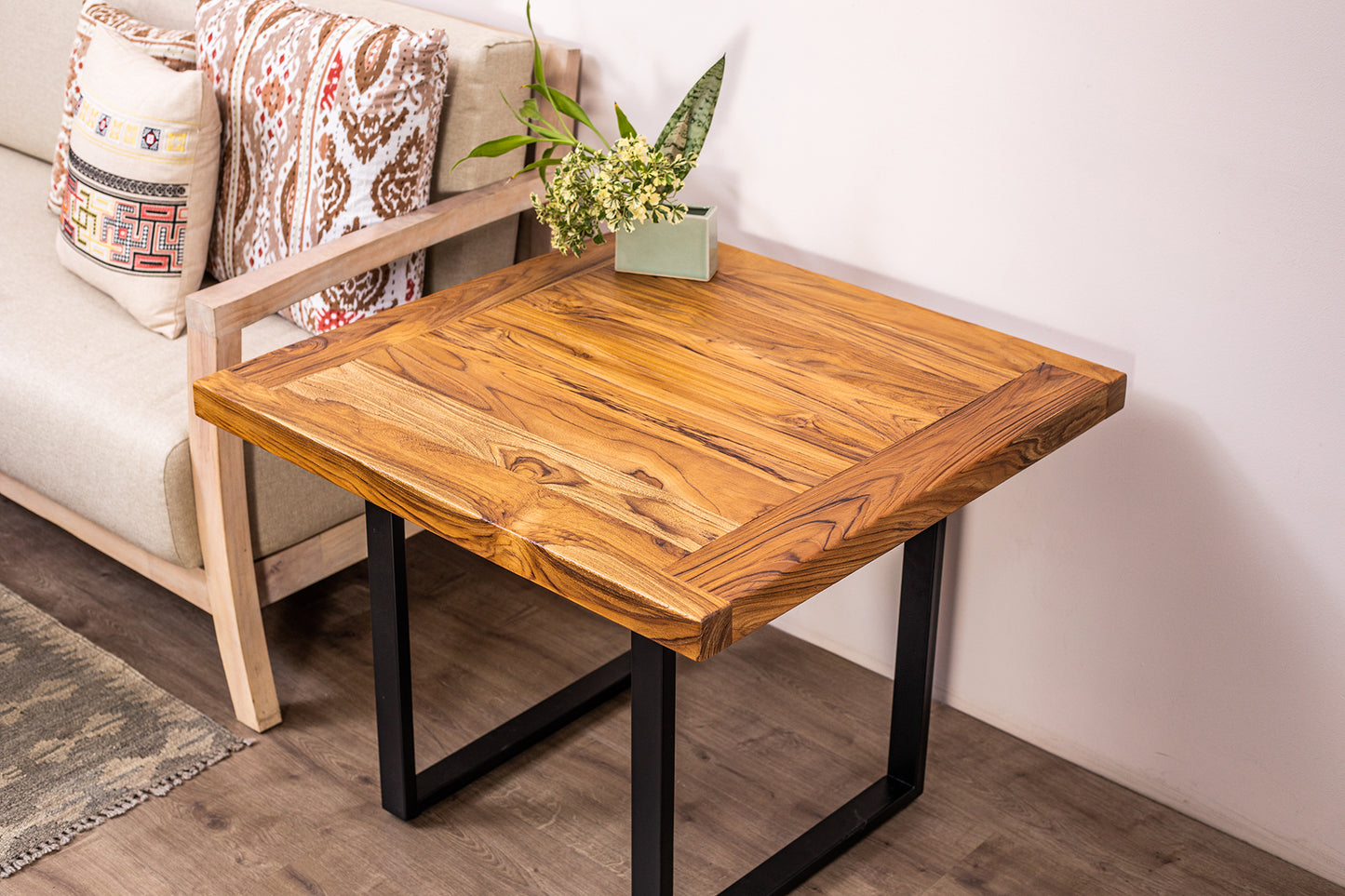 30x30" Teak Mission Edge Side Table, Brushed-Texture Natural Finish