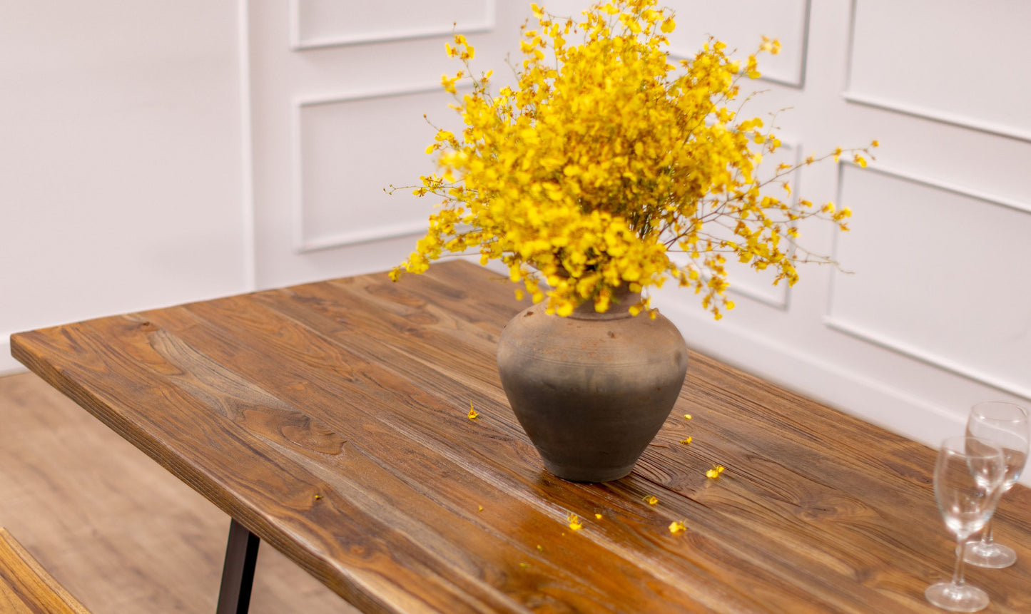 Teak Dining Table Live Edge 72x38" Brushed-textured, Autumn Finish