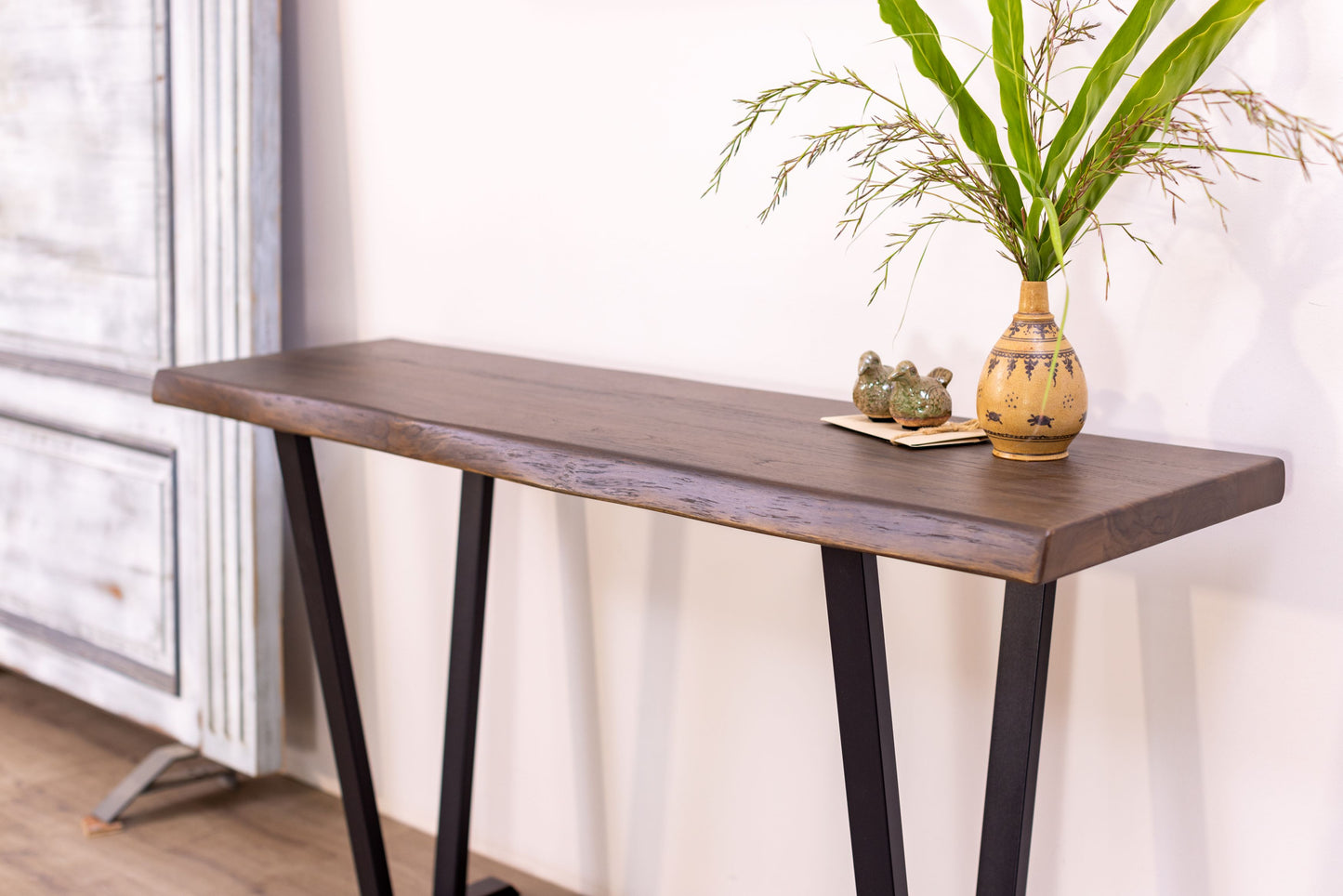 52x12" Teak Live Edge Console Table, Smooth-Texture Cocoa Finish