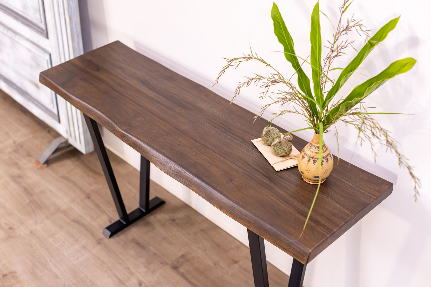 52x12" Teak Live Edge Console Table, Smooth-Texture Cocoa Finish