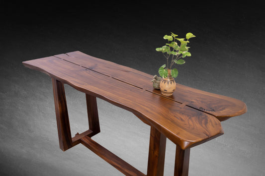 Acacia 70x25" Nakashima Inspired Live Edge Console, Smooth-Texture Milk Choc Finish