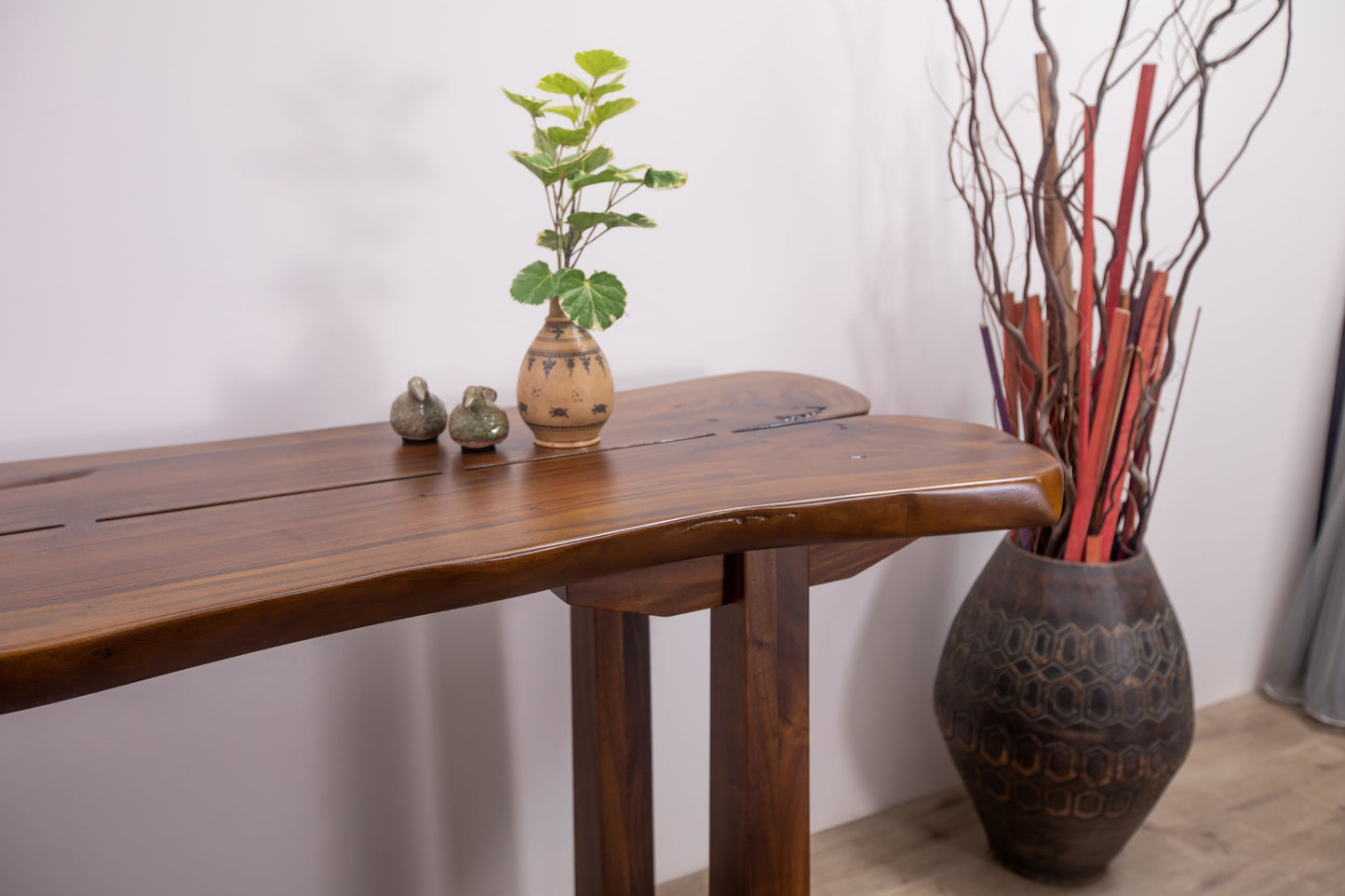 Acacia 70x25" Nakashima Inspired Live Edge Console, Smooth-Texture Milk Choc Finish