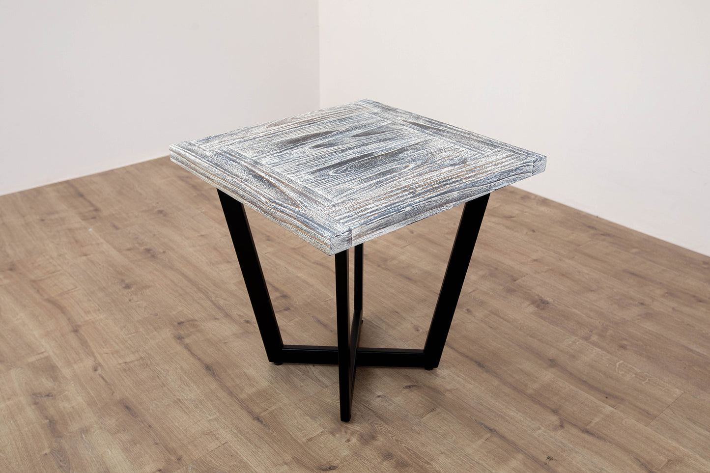 24x24" Teak Mission Edge Box Leg Side Table, Brushed-Texture Weathered Finish