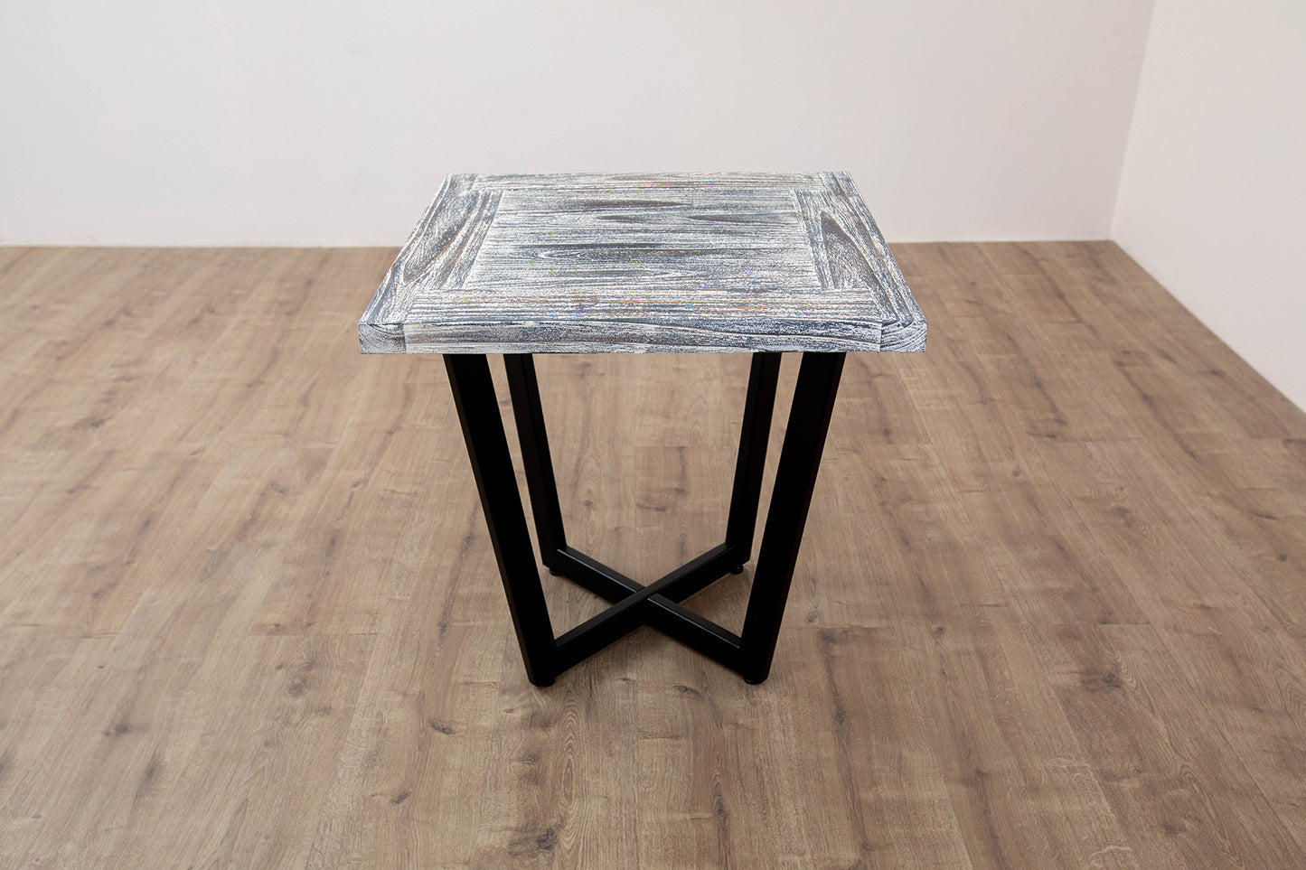24x24" Teak Mission Edge Box Leg Side Table, Brushed-Texture Weathered Finish