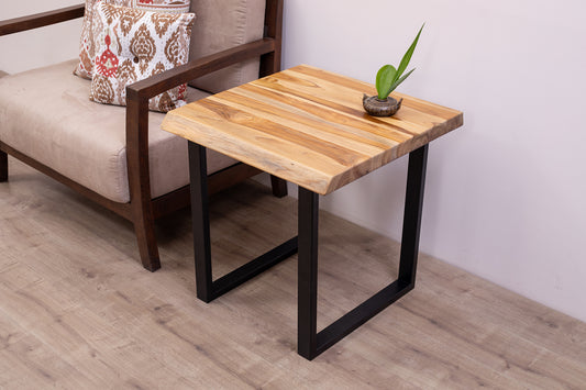 24x24" Teak Live Edge Square Leg Side Table, Brushed-Textured Natural Finish