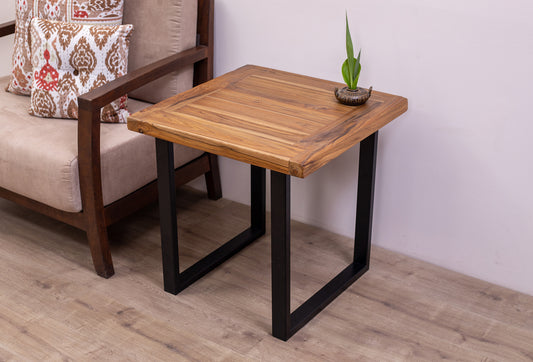 24x24" Teak Mission Edge Square Leg Side Table, Brushed-Textured Natural Finish