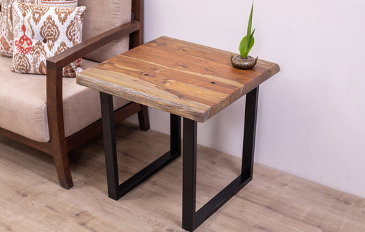 24x24" Teak Live Edge Square Leg Side Table, Organic-Textured Autumn Finish