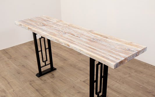 65x18" Teak Live Edge Console Table, Smooth-Texture Sun Bleached Finish