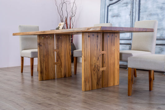 Teak Dining Table Live Edge 96x40" Brushed-textured, Natural Finish