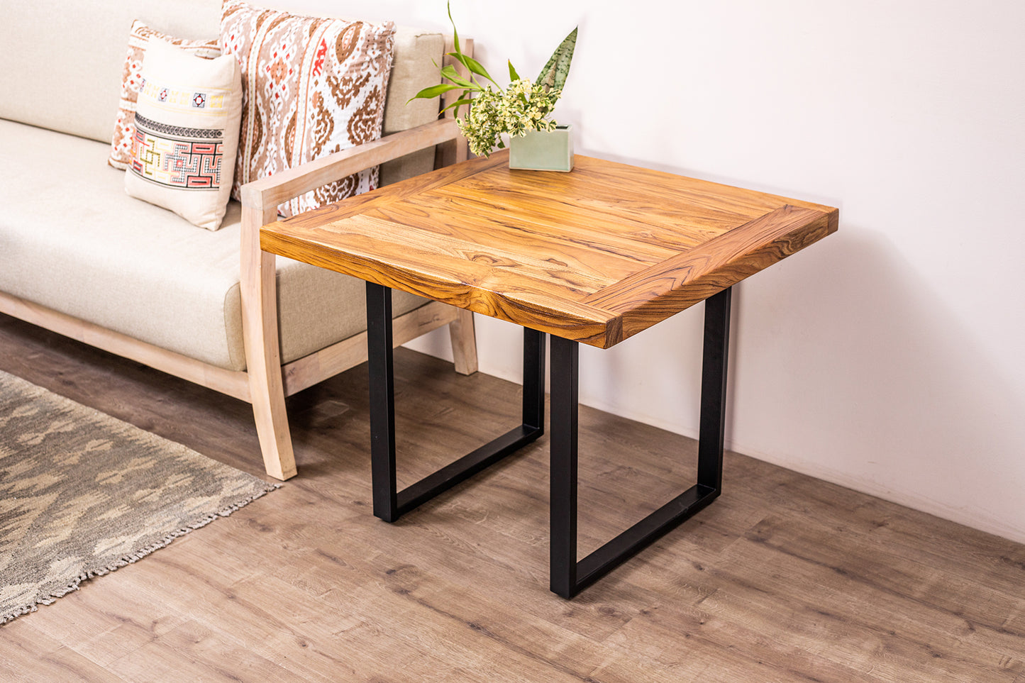 30x30" Teak Mission Edge Side Table, Brushed-Texture Natural Finish