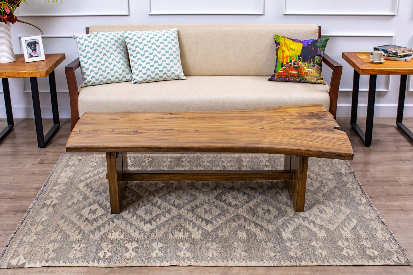 61x38" Teak Book-Matched Live Edge Coffee Table, Smooth Finish