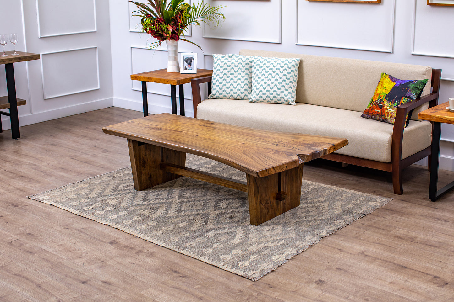 61x38" Teak Book-Matched Live Edge Coffee Table, Smooth Finish