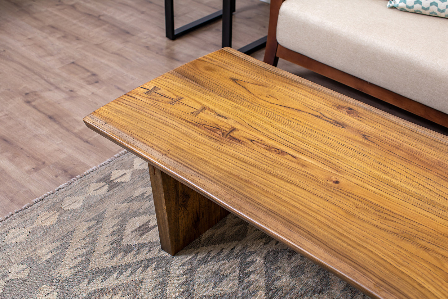 61x38" Teak Book-Matched Live Edge Coffee Table, Smooth Finish