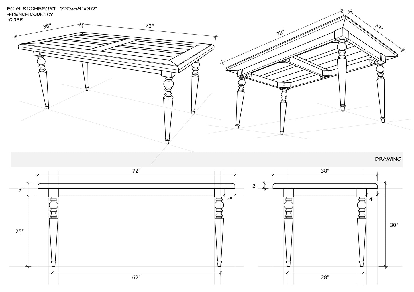 72x38" Rocheport Oak Dining Table, Brushed-Textured Cocoa Finish.