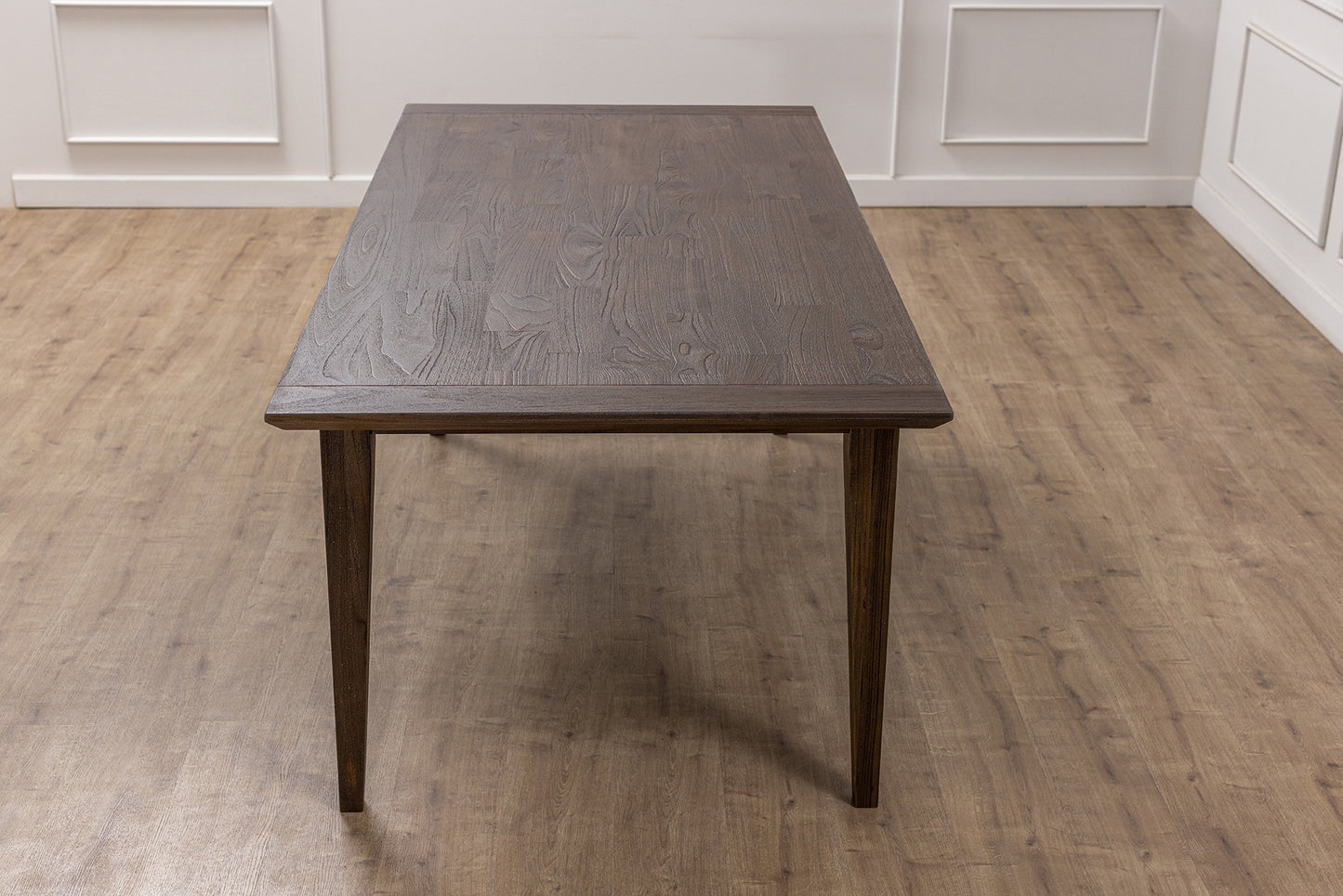 Finger-Jointed 84x40" Solvang Solid Teak Dining Table, Brushed-Textured Cocoa Finish