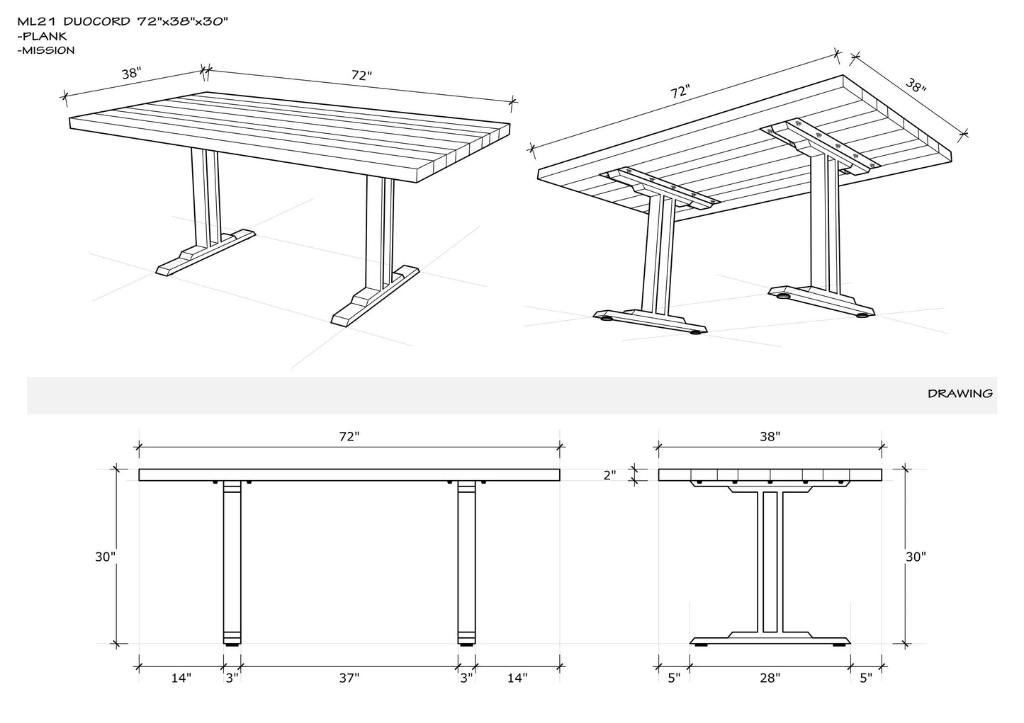 Solid Oak Table Top 72x38" Brushed Texture, Cocoa Finish