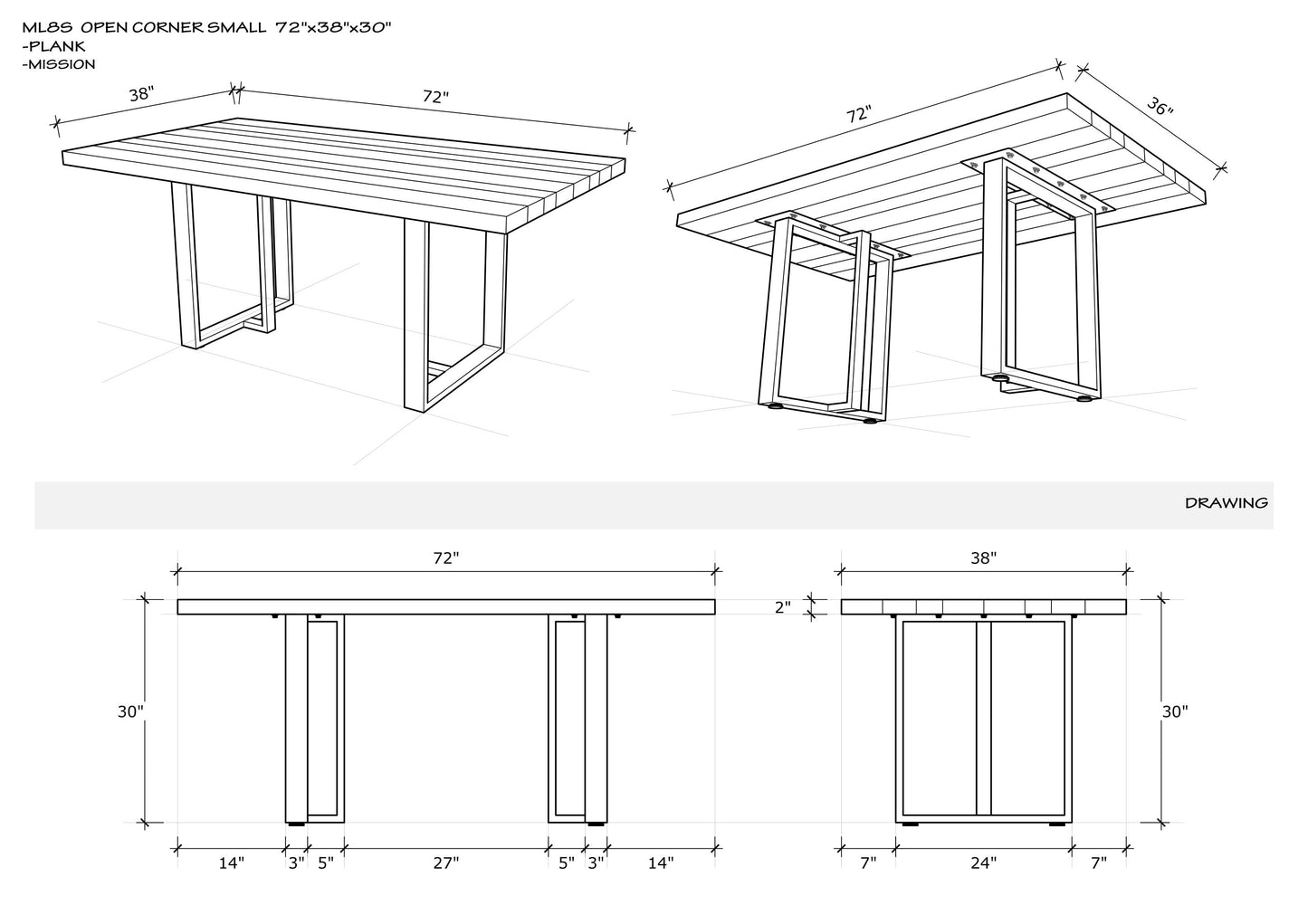 Solid Oak Table Top 72x38" Brushed Texture, Weathered Finish