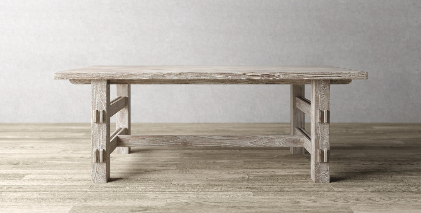 84x40" Tahoe Teak Dining Table, Brushed-Textured Sun Bleached Finish.