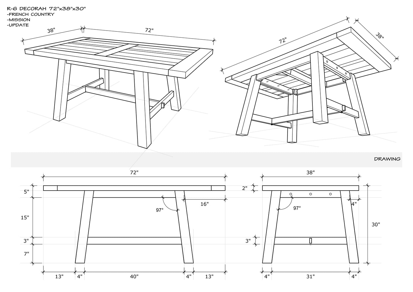72x38" Decorah Oak Dining Table, Brushed-Texture Cocoa Finish